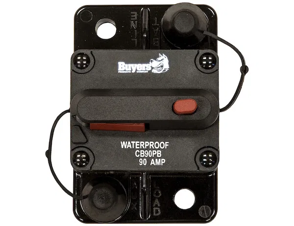 CB90PB – BUYERS PROD Circuit Breaker, 90 Amp Black Plastic Box Manual Push-to-Trip Reset 42 Volt DC Brass Studs IP67 ...